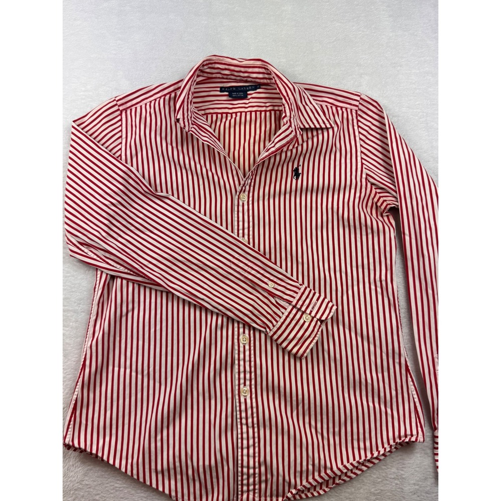 Ralph Lauren Womens Red White Striped Button Down Shirt Cotton Size 6 Pony Logo